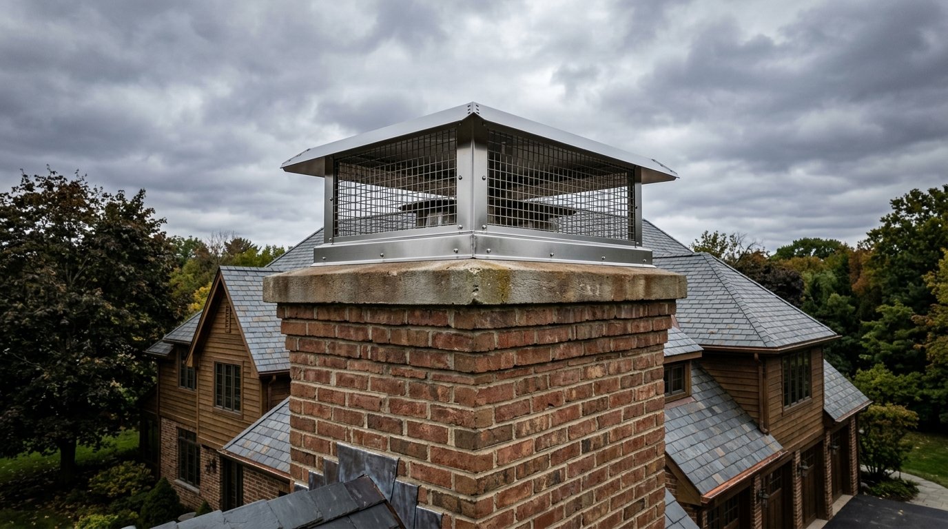 Stainless steel chimney cap with animal guard installed on brick chimney