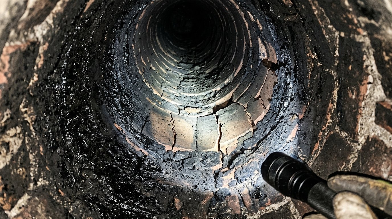 Hazardous creosote and cracked clay flue before restoration